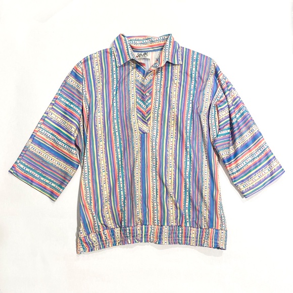 Vintage pastel striped abstract print half sleeve collared top - Picture 1 of 8